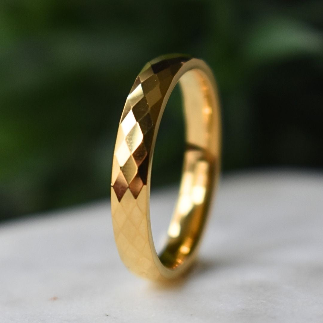 Tungsten Diamond Facet Yellow Gold 4mm Ring