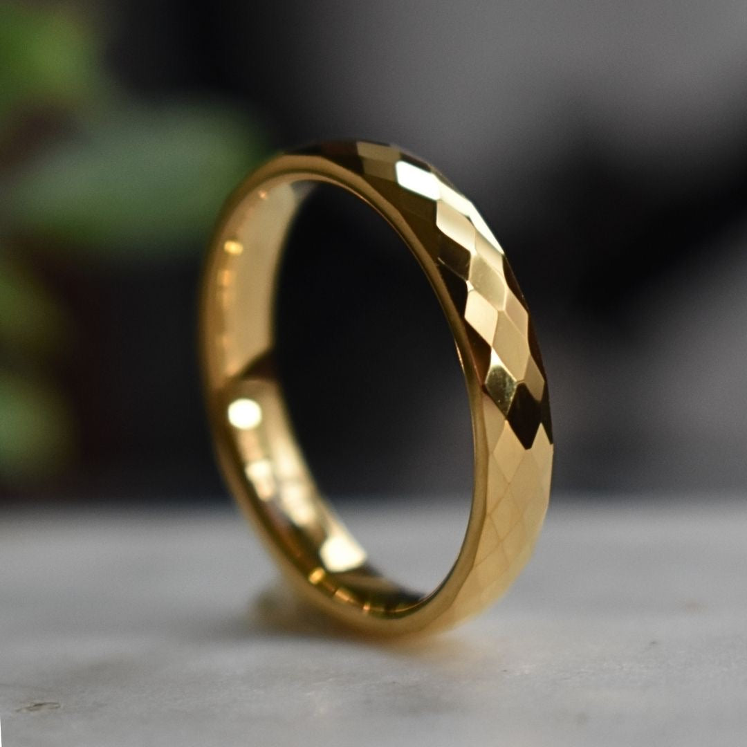 Tungsten Diamond Facet Yellow Gold 4mm Ring
