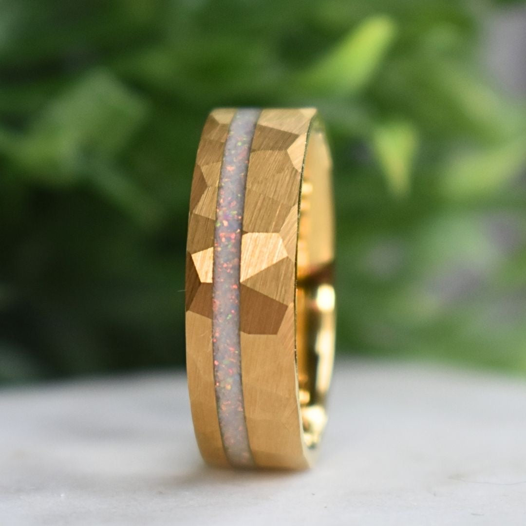 Tungsten 8mm Hammered Yellow Gold Ring with Crushed Opal Centre