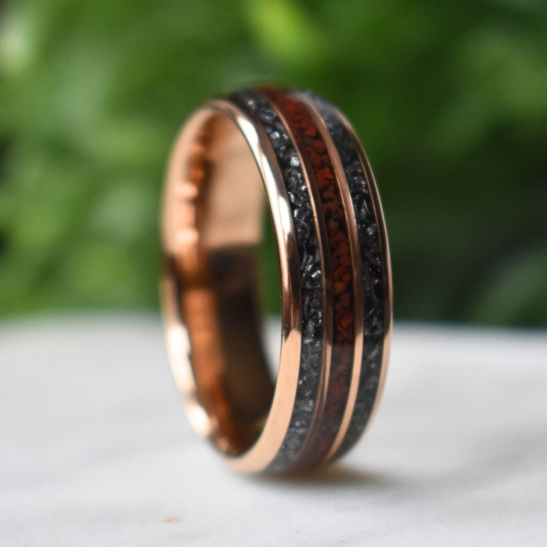 Tungsten 8mm Rose Gold Ring with Red Dinosaur Bone & Meteorite Ring