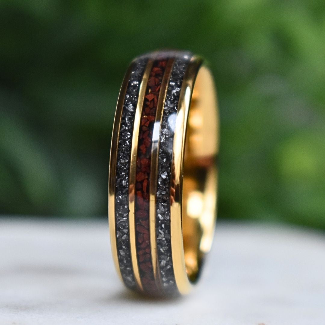 Tungsten 8mm Yellow Gold Ring with Red Dinosaur Bone & Meteorite Ring