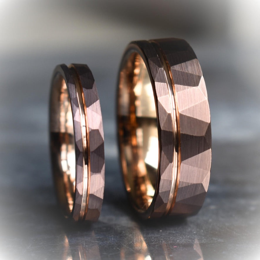 Hammered 8mm Chocolate Tungsten Ring with Rose Gold Accent - Tungsten Titans