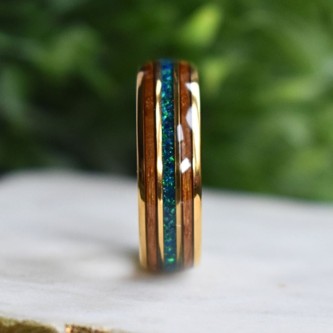 Tungsten 8mm Yellow Gold Ring with Crushed Green & Blue Opal and Whiskey Barrel