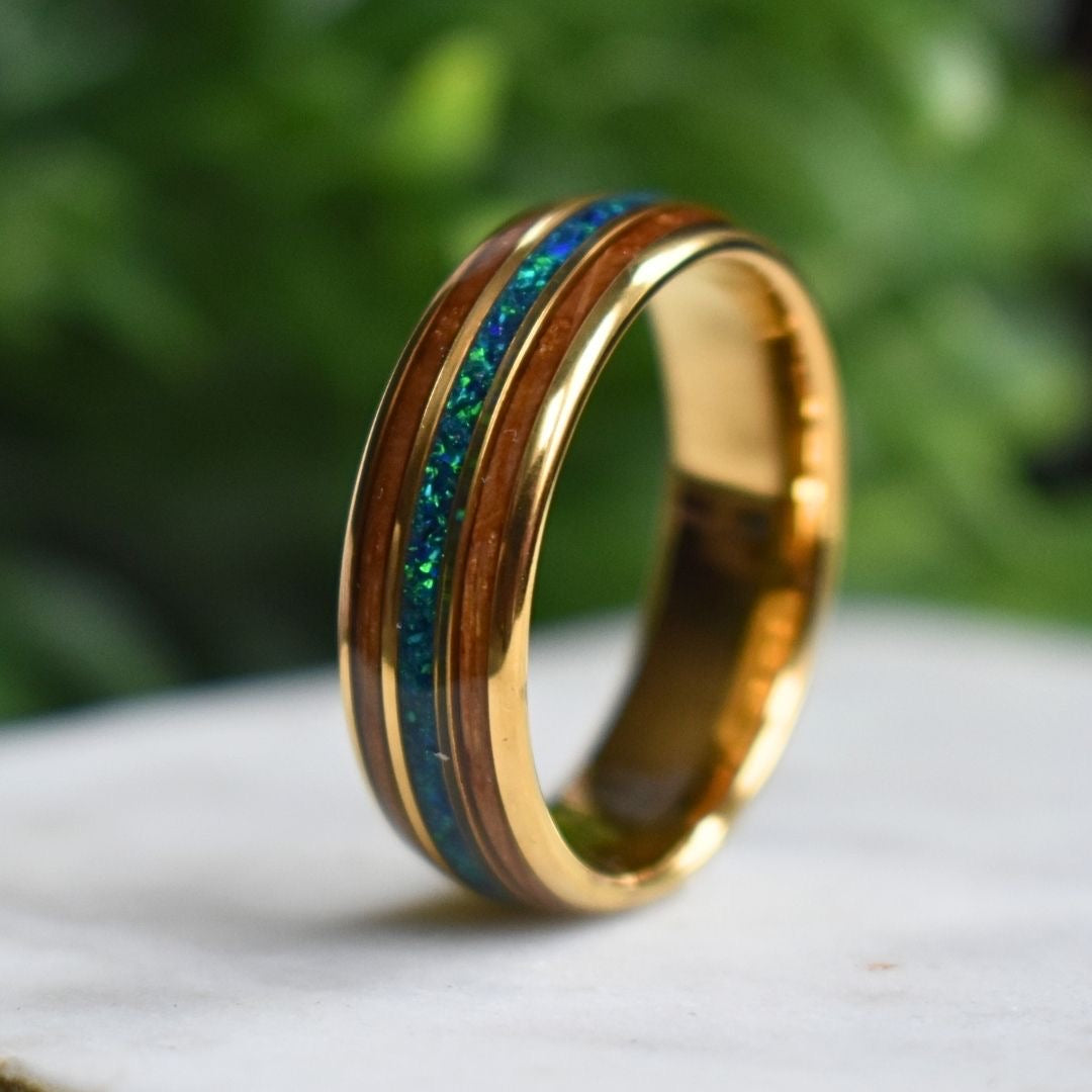 Tungsten 8mm Yellow Gold Ring with Crushed Green & Blue Opal and Whiskey Barrel