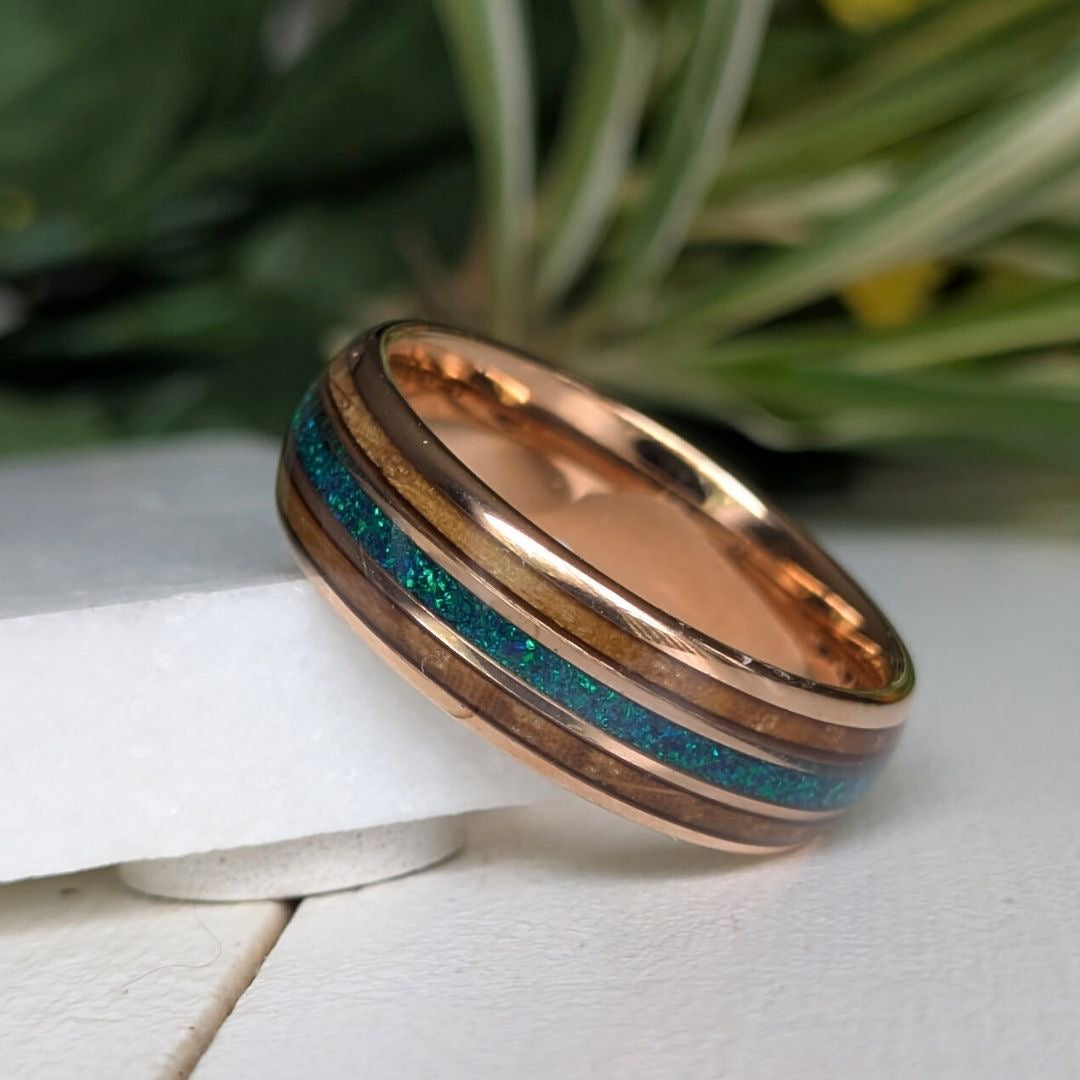 Tungsten 8mm Rose Gold Ring with Crushed Green & Blue Opal and Whiskey Barrel
