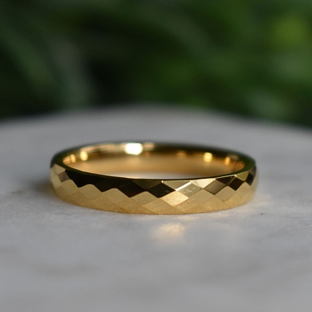 Tungsten Diamond Facet Yellow Gold 4mm Ring