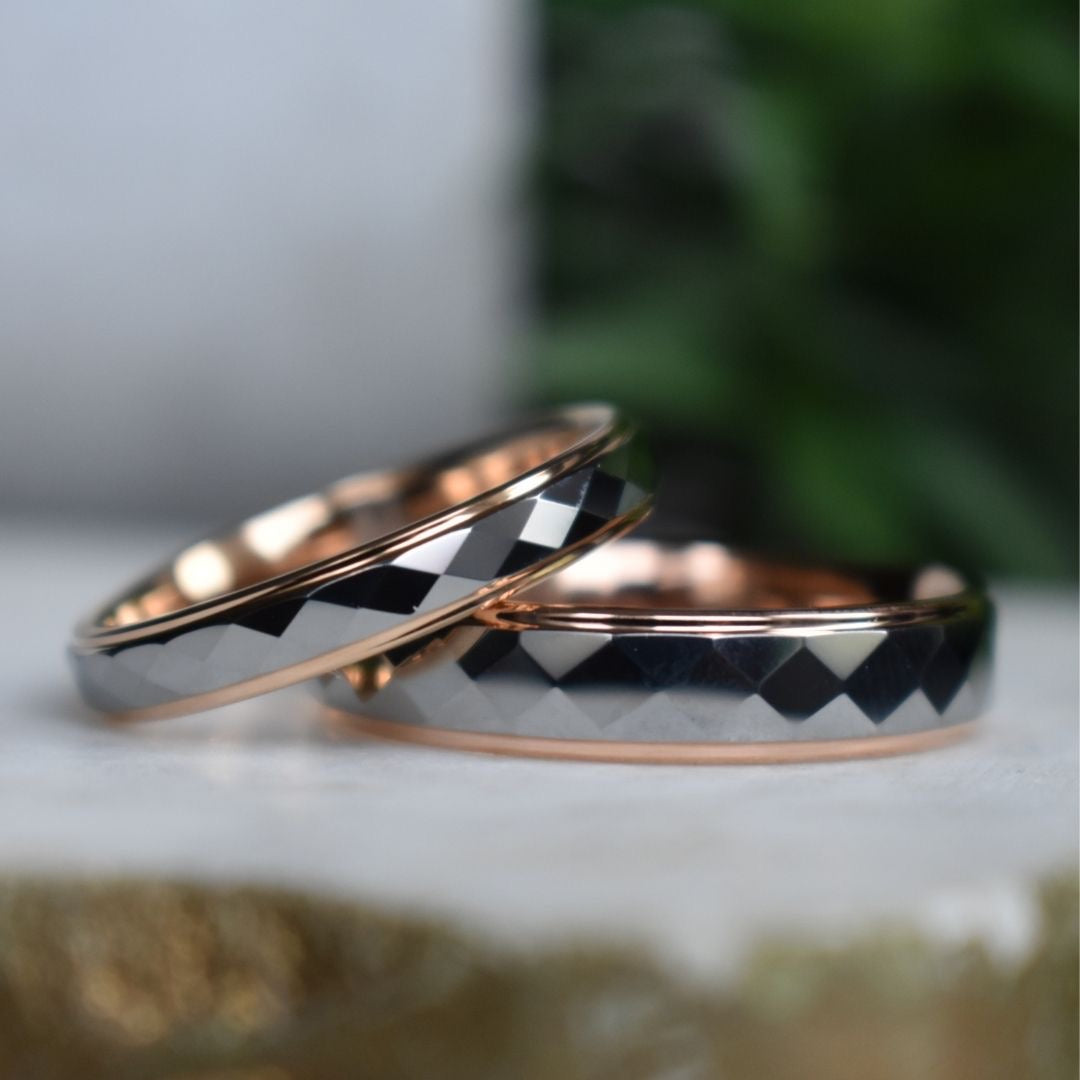 Tungsten 6mm Diamond Facet Silver Ring with Rose Gold Edges