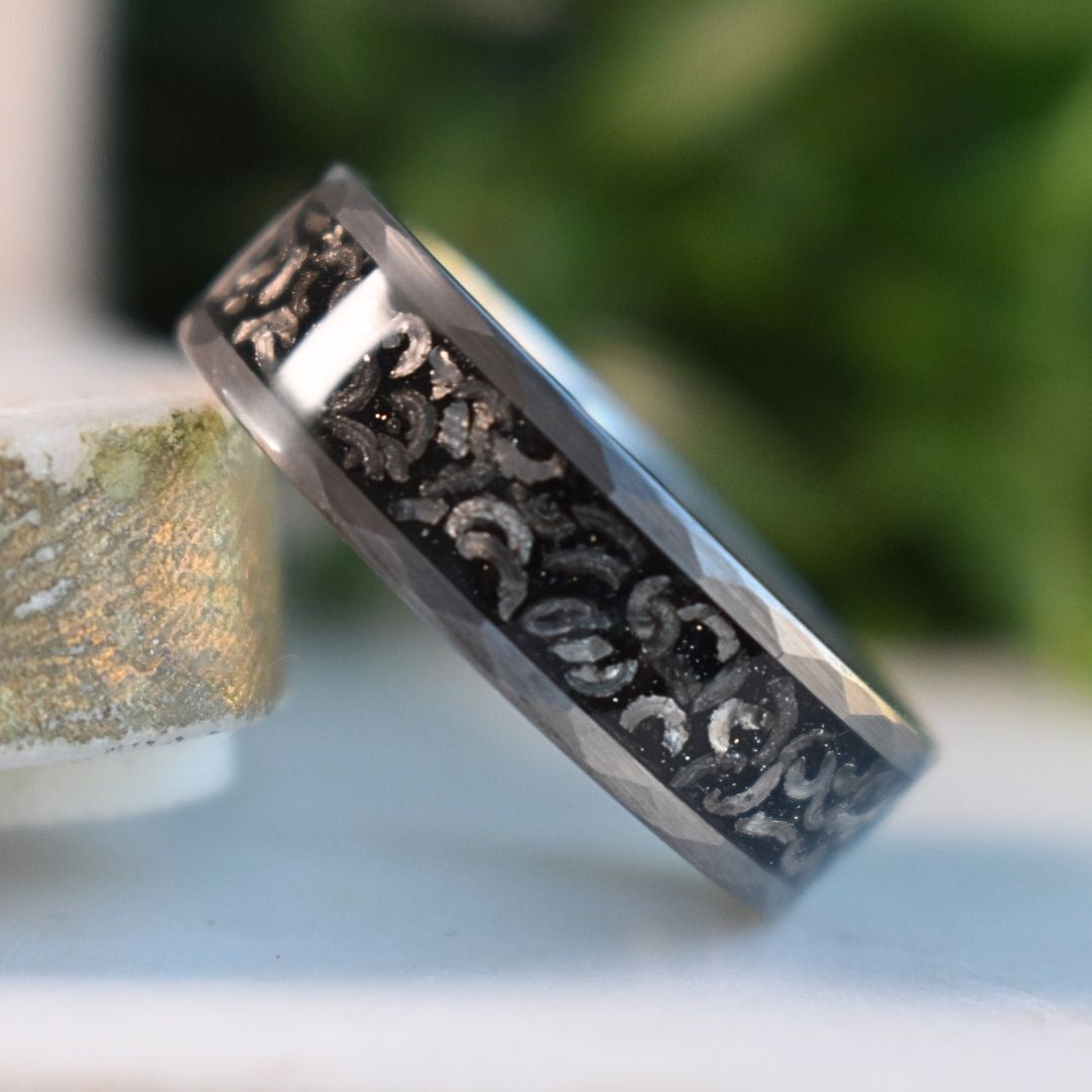 Hammered 8mm Tungsten Ring with Meteorite Inlay