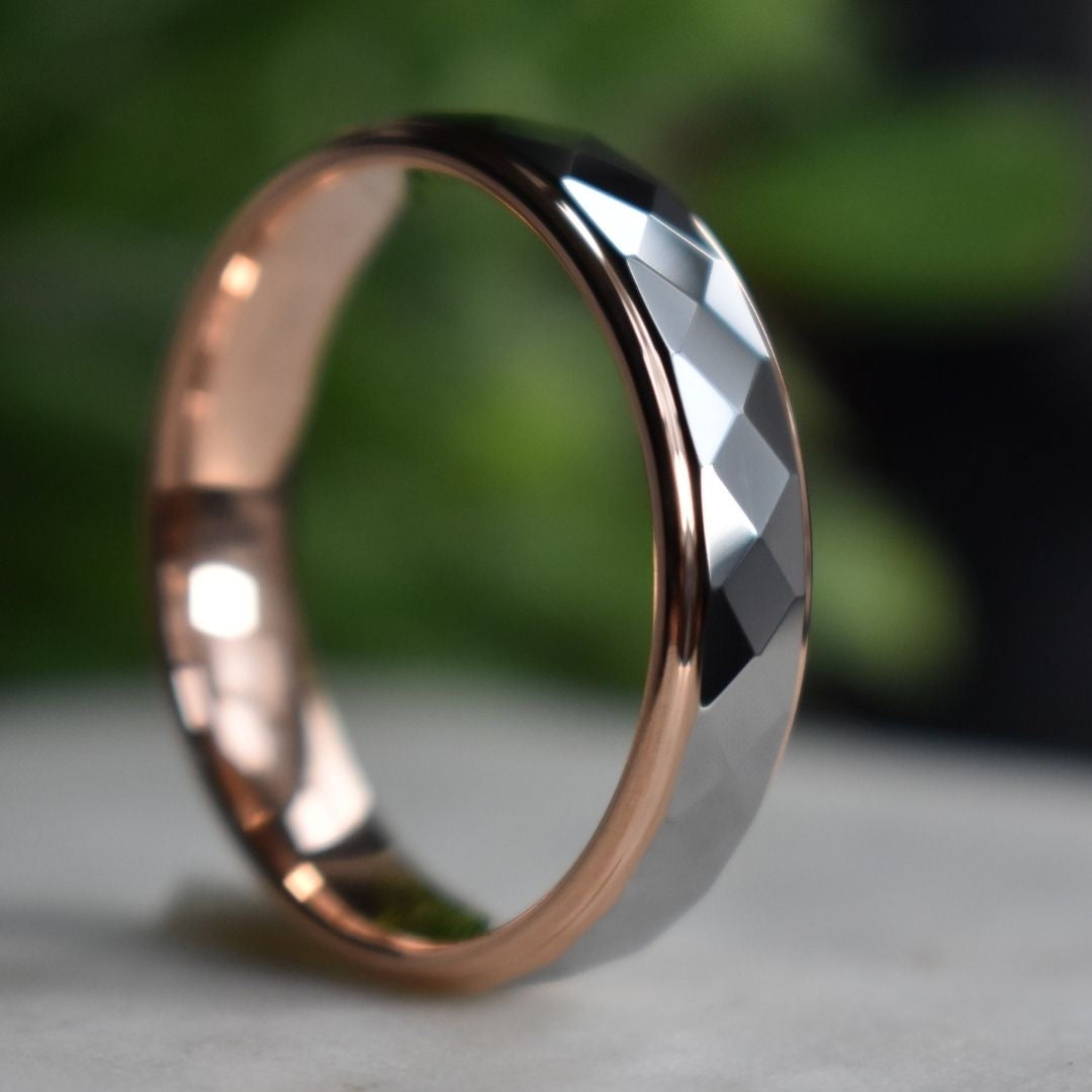 Tungsten 6mm Diamond Facet Silver Ring with Rose Gold Edges