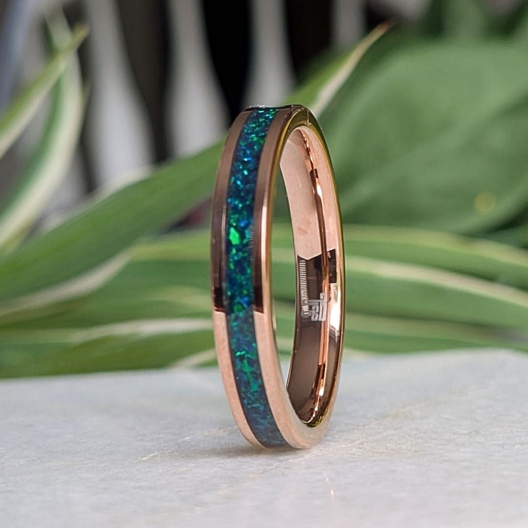 Tungsten 4mm Rose Gold Ring Crushed Green and Blue Opal Wedding Band