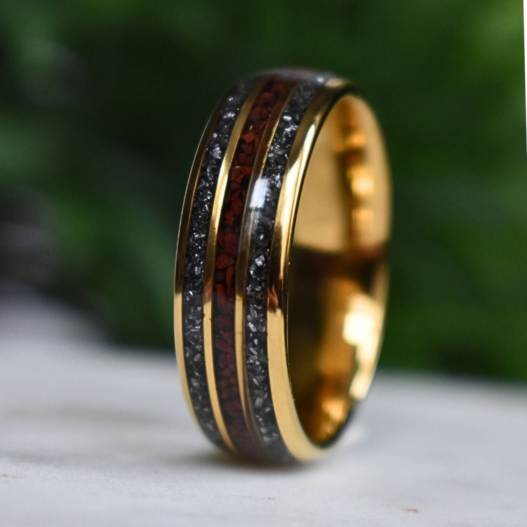 Tungsten 8mm Yellow Gold Ring with Red Dinosaur Bone & Meteorite Ring