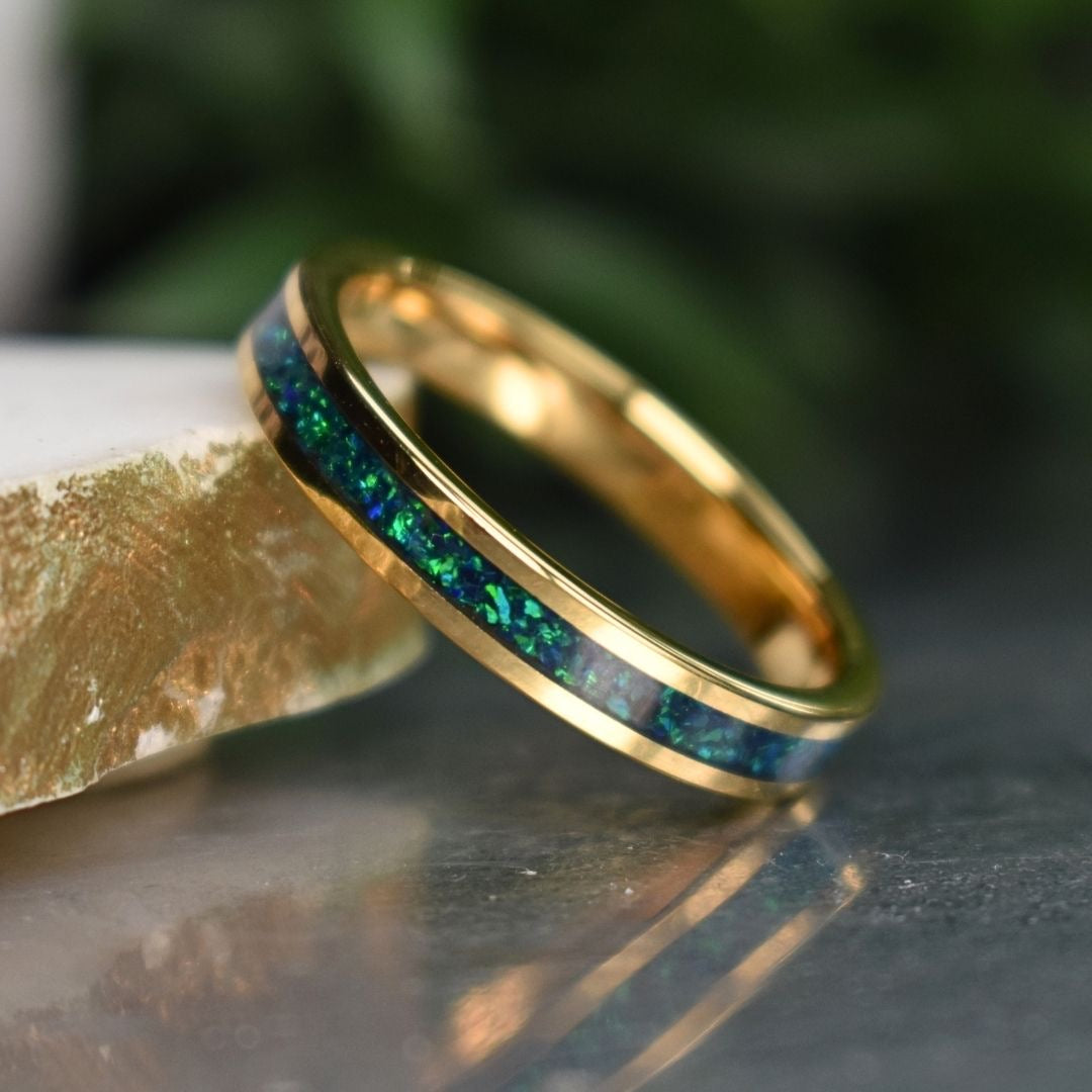 Tungsten 4mm Yellow Gold Ring Crushed Green and Blue Opal Wedding Band - Tungsten Titans