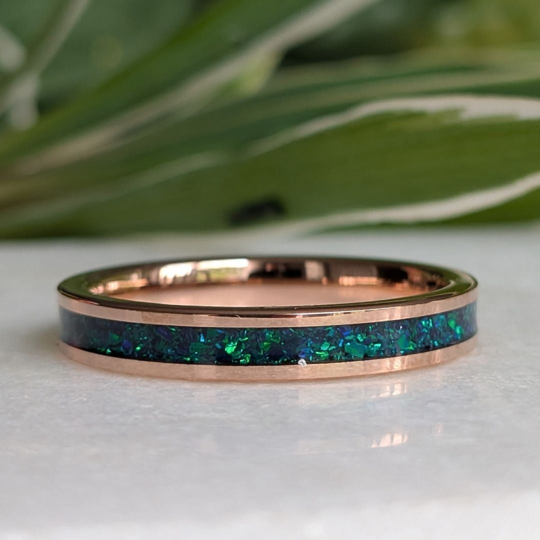 Tungsten 4mm Rose Gold Ring Crushed Green and Blue Opal Wedding Band