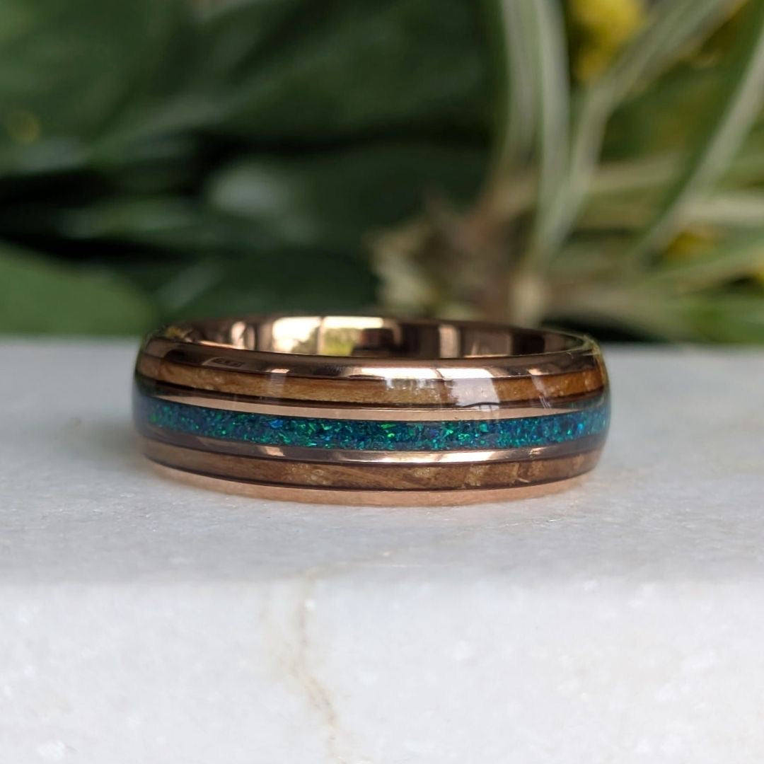 Tungsten 8mm Rose Gold Ring with Crushed Green & Blue Opal and Whiskey Barrel
