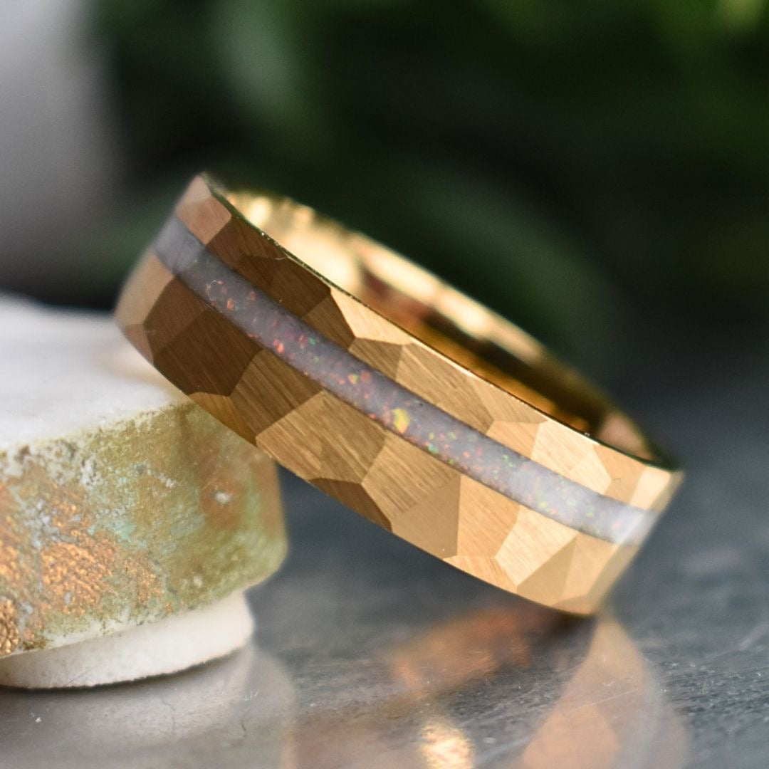Tungsten 8mm Hammered Yellow Gold Ring with Crushed Opal Centre