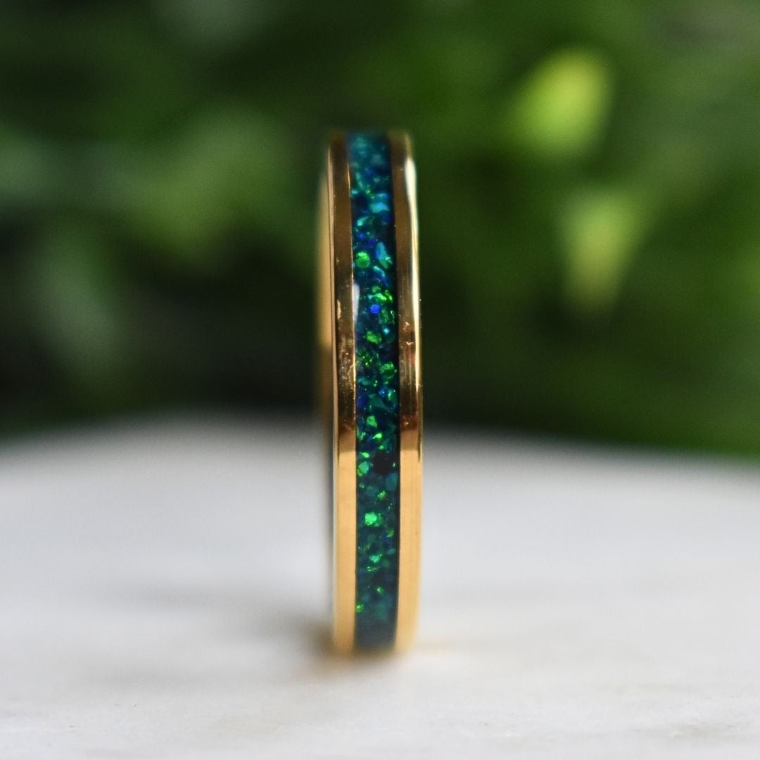 Tungsten 4mm Yellow Gold Ring Crushed Green and Blue Opal Wedding Band - Tungsten Titans