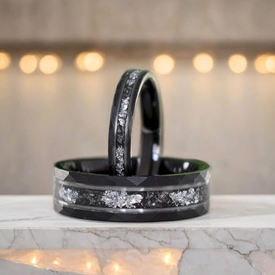 Hammered 4mm Black Tungsten Ring with White Gold Leaf and Meteorite Inlay - Tungsten Titans