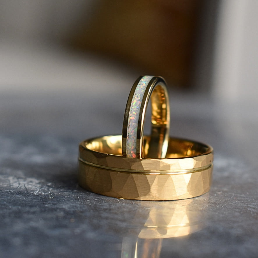 Hammered Tungsten Ring 8mm Gold Brushed with Polished Gold Accent - Tungsten Titans