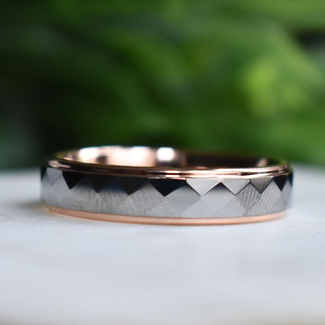 Tungsten 6mm Diamond Facet Silver Ring with Rose Gold Edges