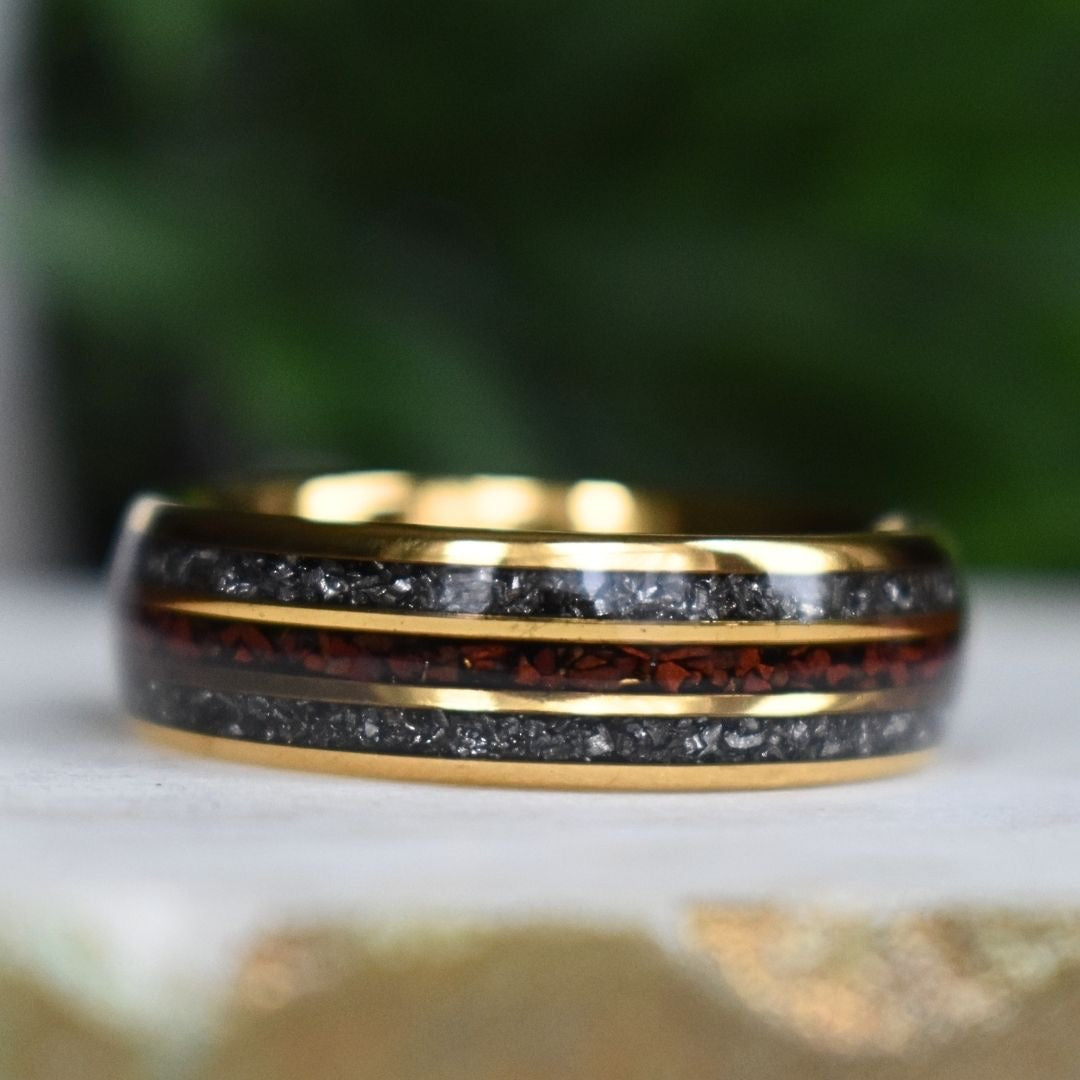 Tungsten 8mm Yellow Gold Ring with Red Dinosaur Bone & Meteorite Ring