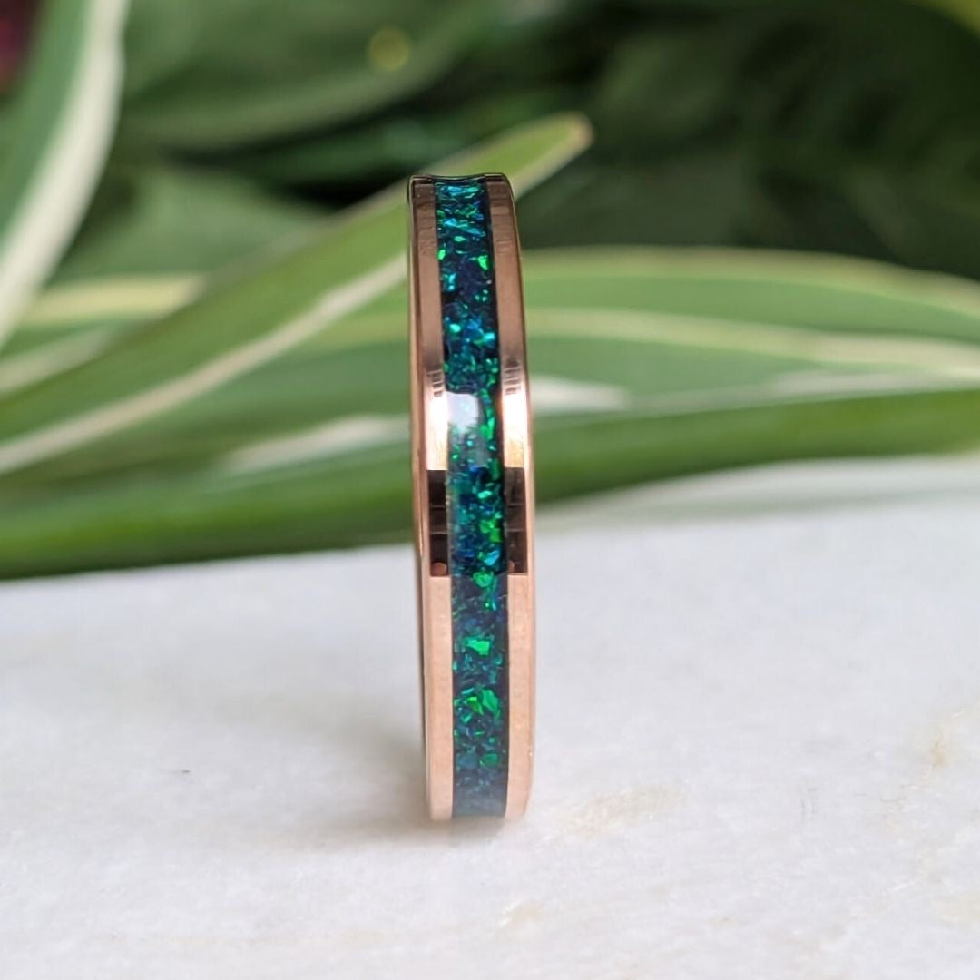 Tungsten 4mm Rose Gold Ring Crushed Green and Blue Opal Wedding Band