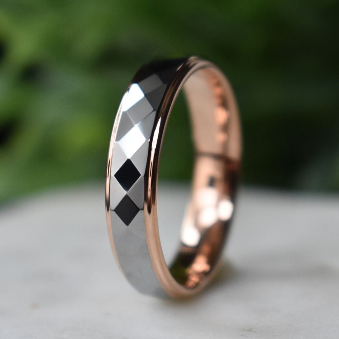 Tungsten 6mm Diamond Facet Silver Ring with Rose Gold Edges