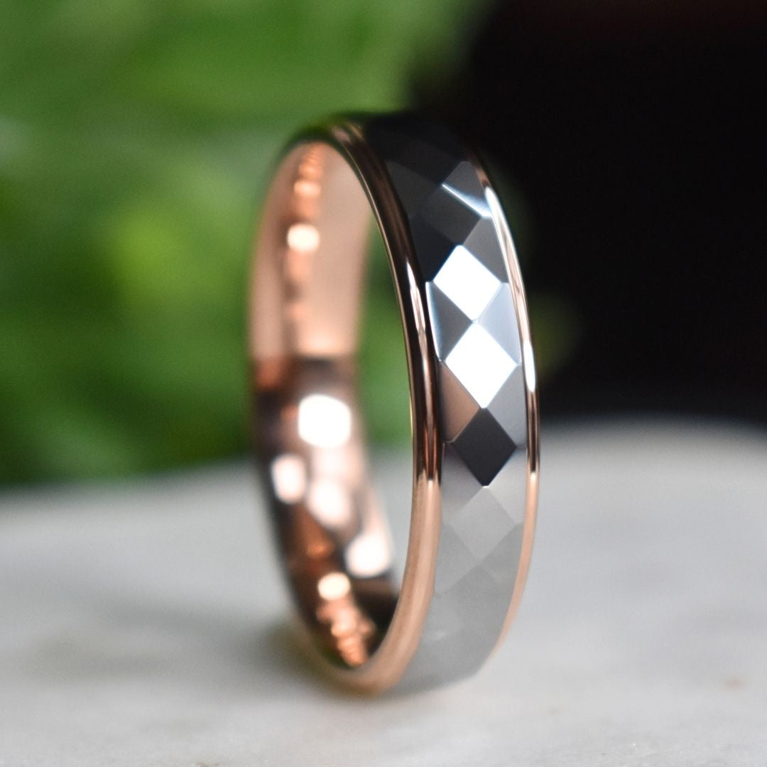 Tungsten 6mm Diamond Facet Silver Ring with Rose Gold Edges
