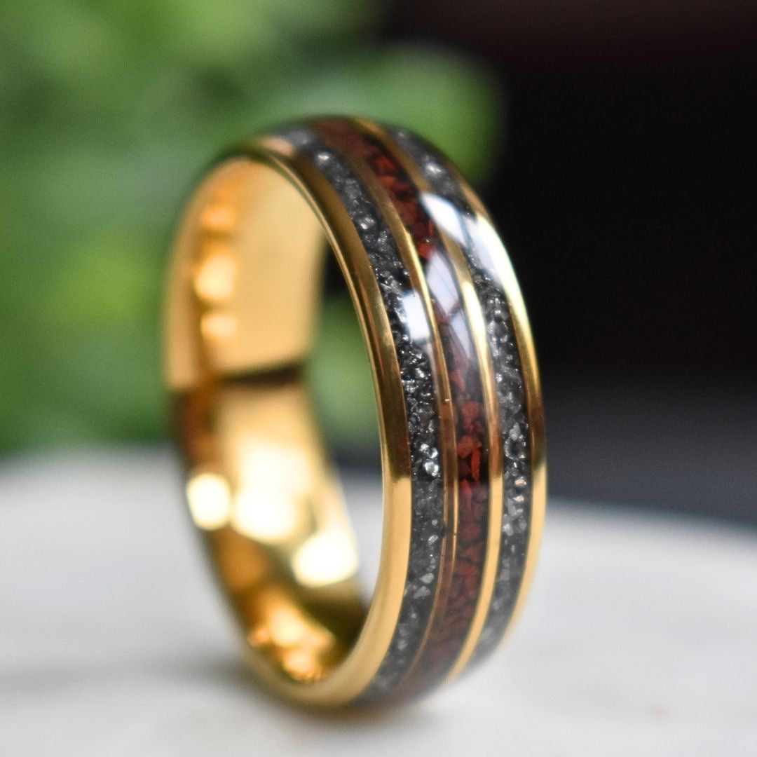 Tungsten 8mm Yellow Gold Ring with Red Dinosaur Bone & Meteorite Ring