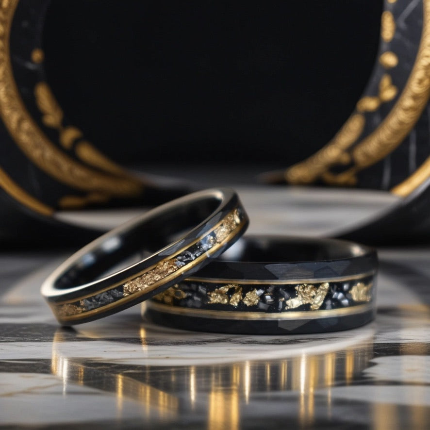 Hammered 4mm Black Tungsten Ring with 22K Gold Leaf and Meteorite Inlay - Tungsten Titans
