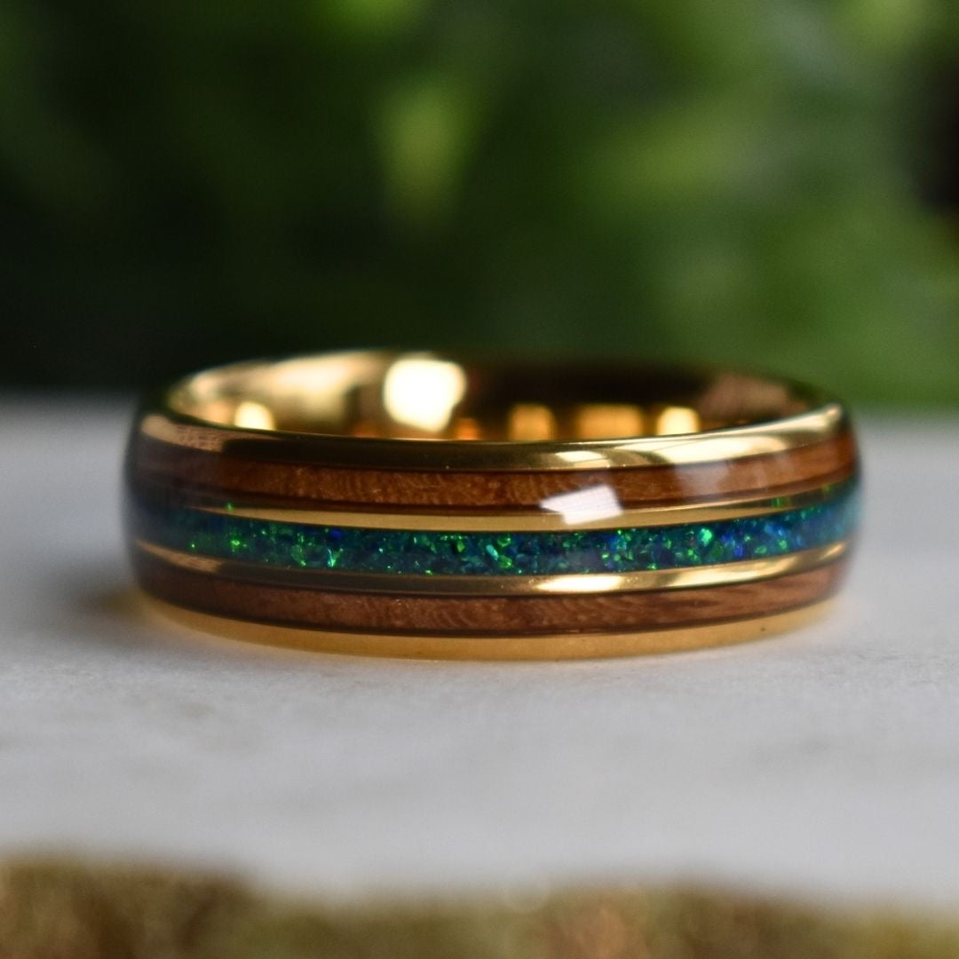 Tungsten 8mm Yellow Gold Ring with Crushed Green & Blue Opal and Whiskey Barrel