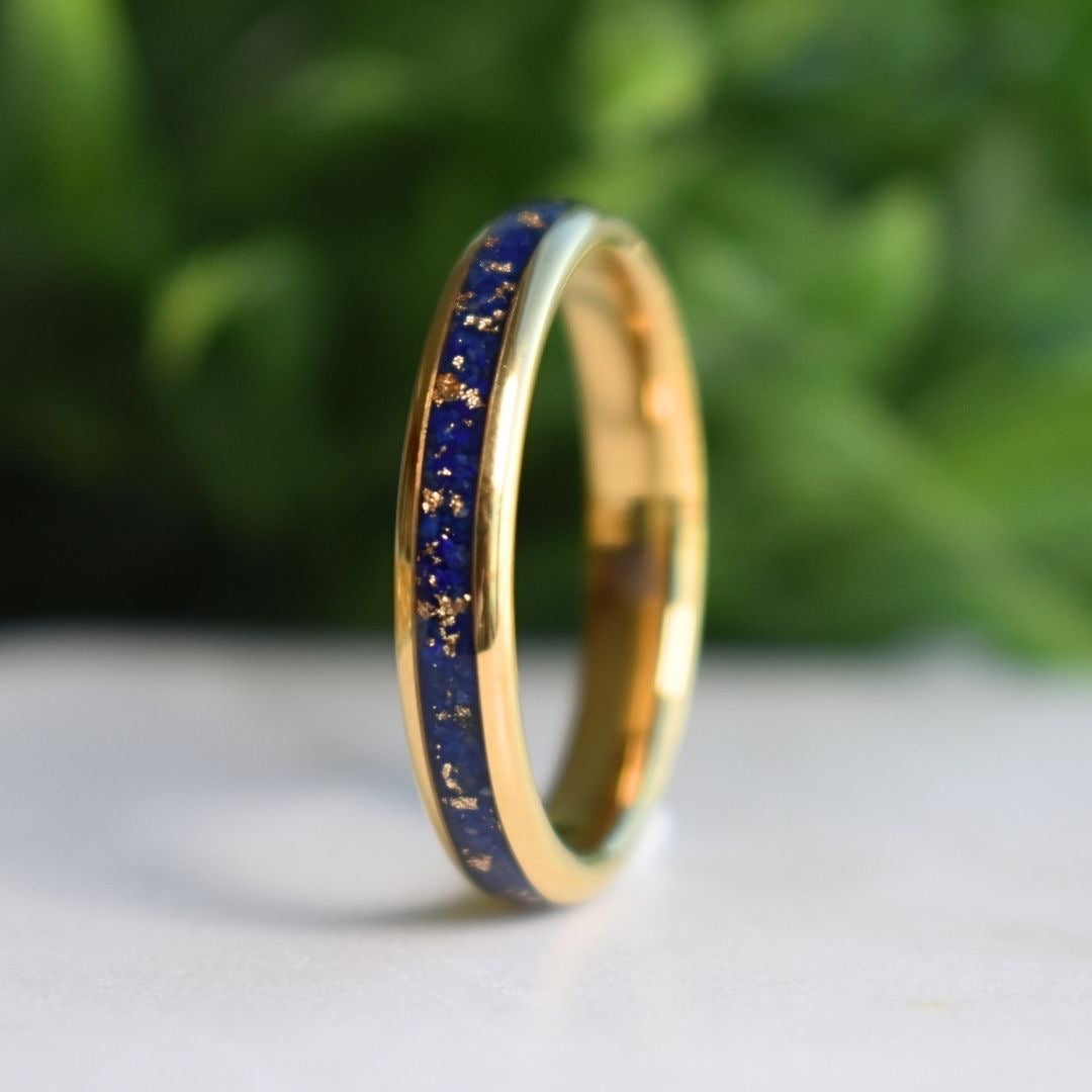Tungsten 4mm Gold Ring with Lapis Lazuli & Gold Leaf Inlay - Tungsten Titans