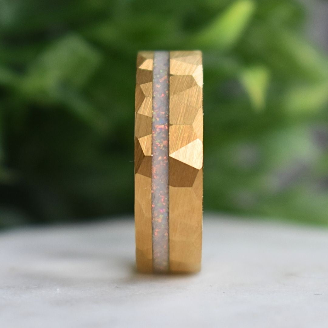 Tungsten 8mm Hammered Yellow Gold Ring with Crushed Opal Centre