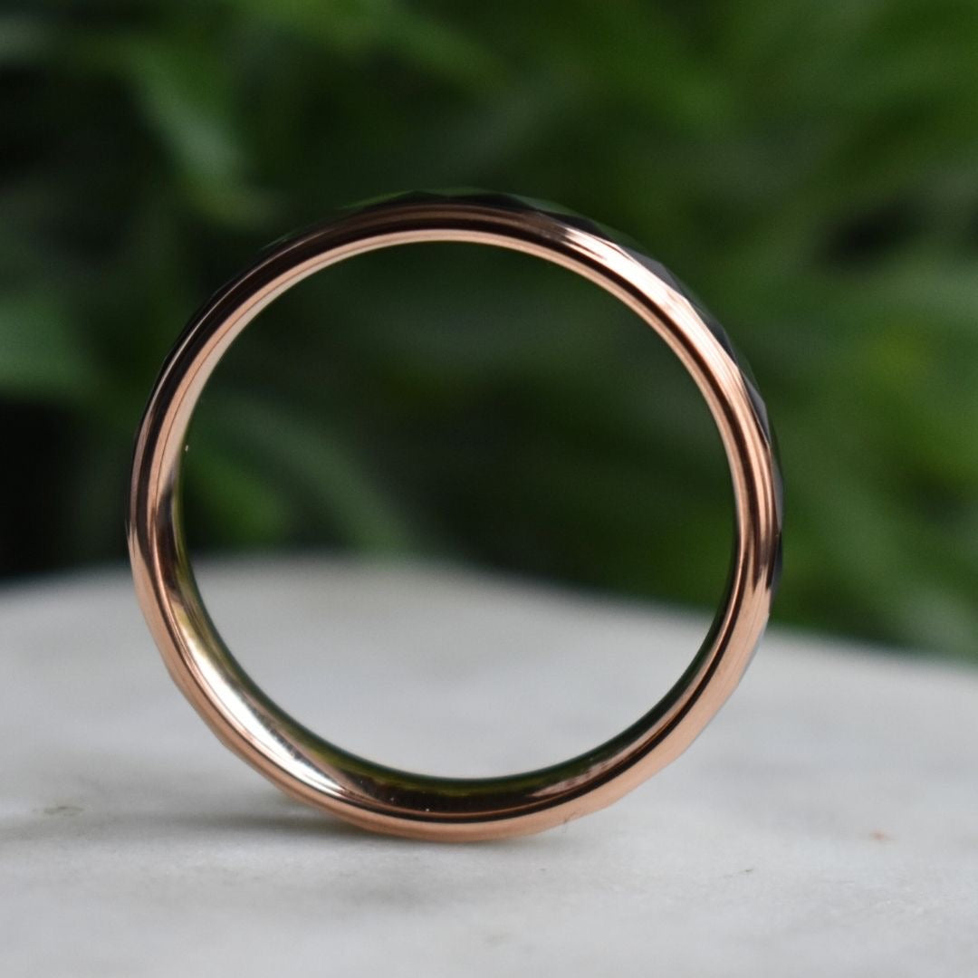 Tungsten 6mm Diamond Facet Silver Ring with Rose Gold Edges