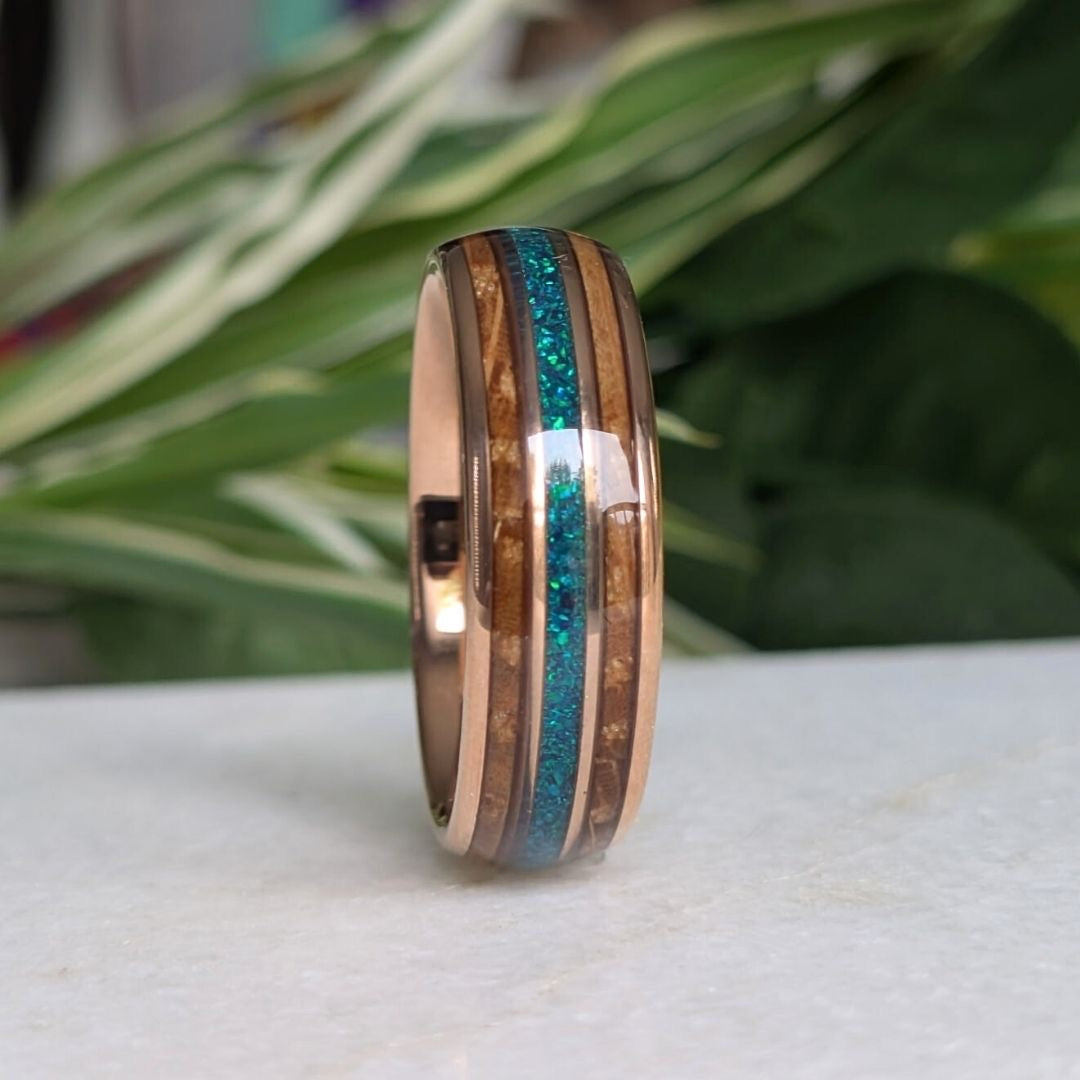 Tungsten 8mm Rose Gold Ring with Crushed Green & Blue Opal and Whiskey Barrel