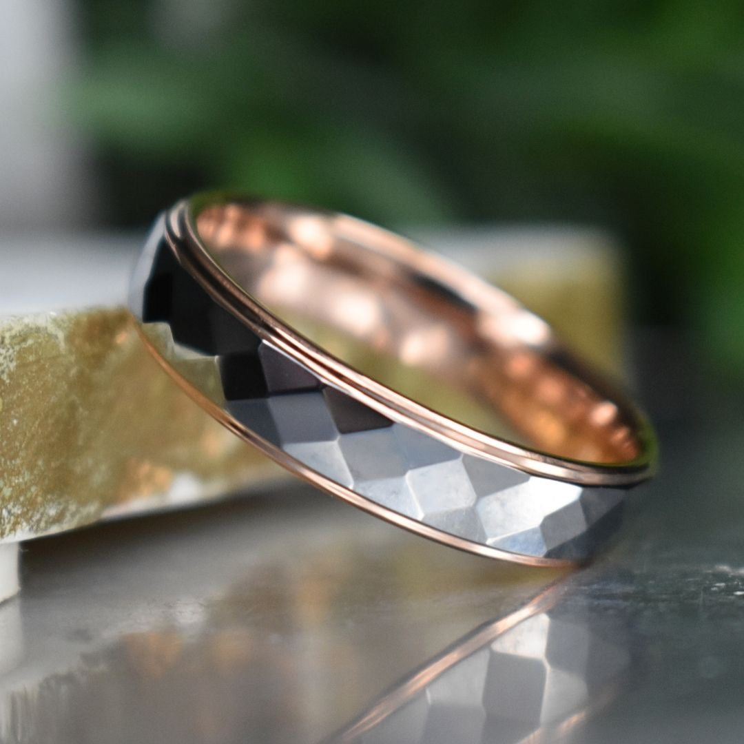 Tungsten 6mm Diamond Facet Silver Ring with Rose Gold Edges