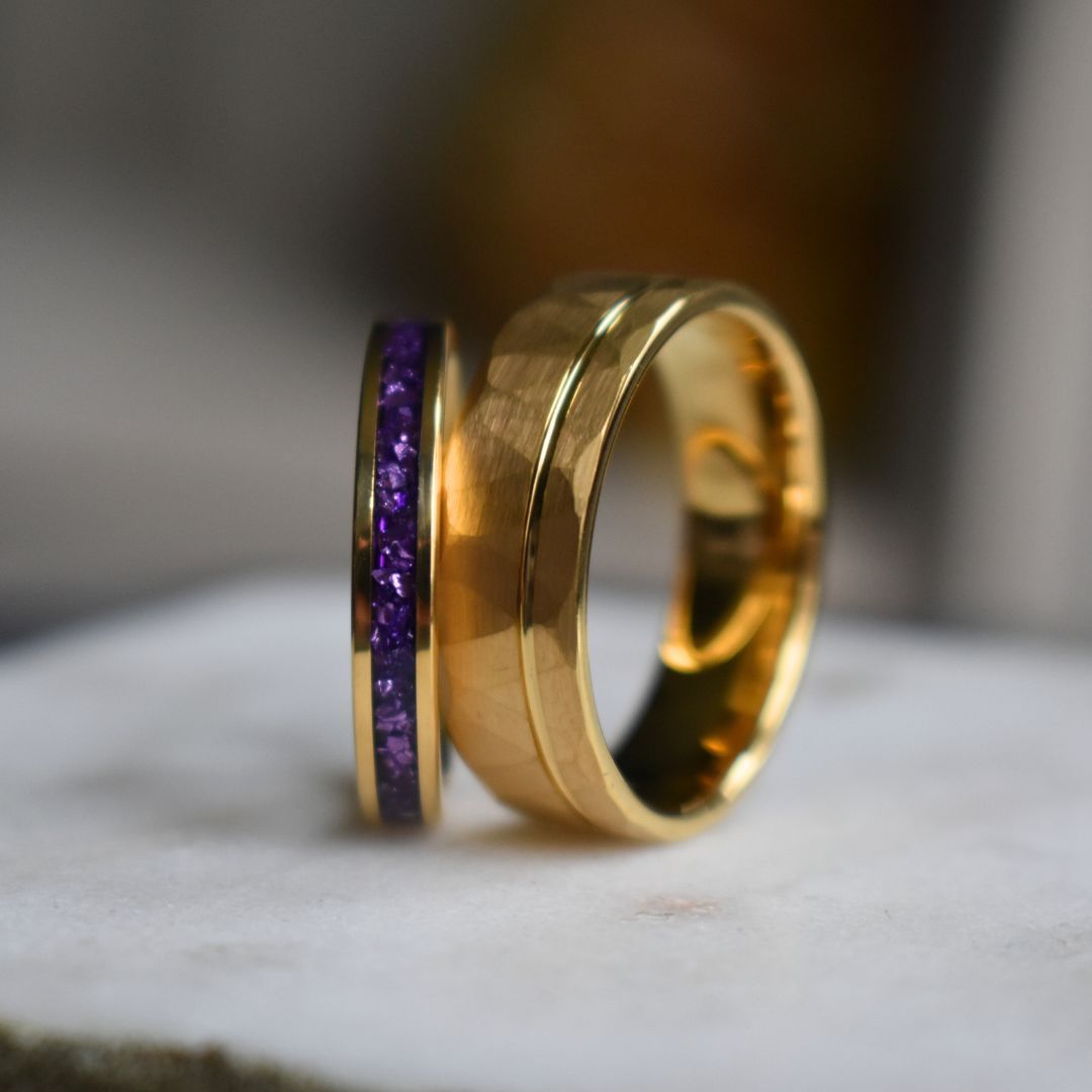 Tungsten 4mm Gold Ring with Amethyst Inlay - Tungsten Titans