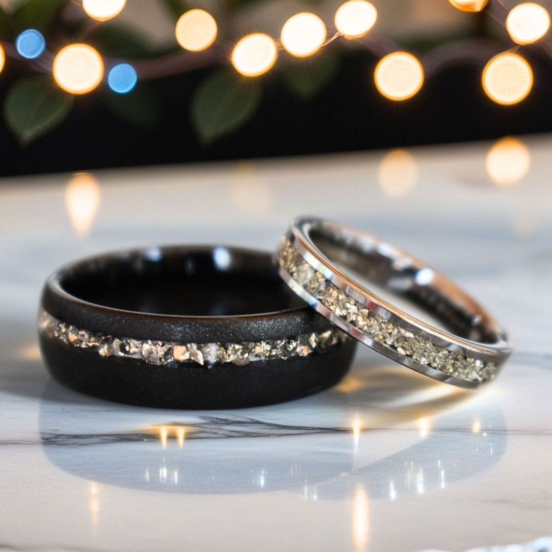 Tungsten 8mm Ring Black Sandblasted with German Silver Glass - Tungsten Titans