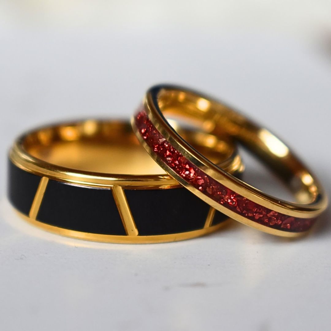 Tungsten 4mm Yellow Gold Ring German Ruby Red Glass Wedding Band - Tungsten Titans