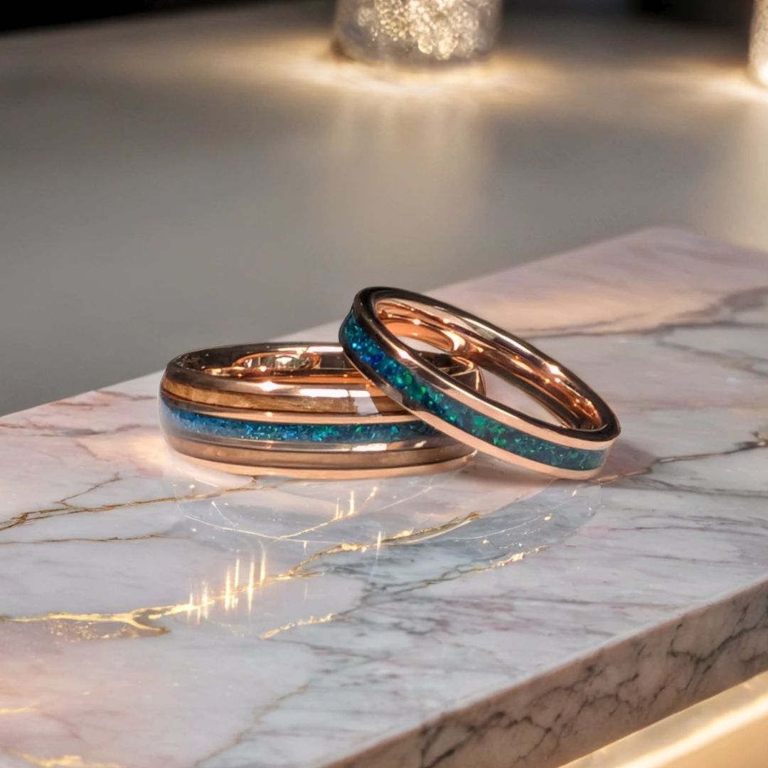 Tungsten 8mm Rose Gold Ring with Crushed Green & Blue Opal and Whiskey Barrel - Tungsten Titans