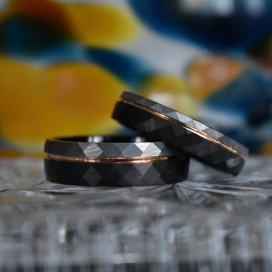 Hammered 8mm Tungsten Ring Black and Silver Brushed with Rose Gold Accent - Tungsten Titans