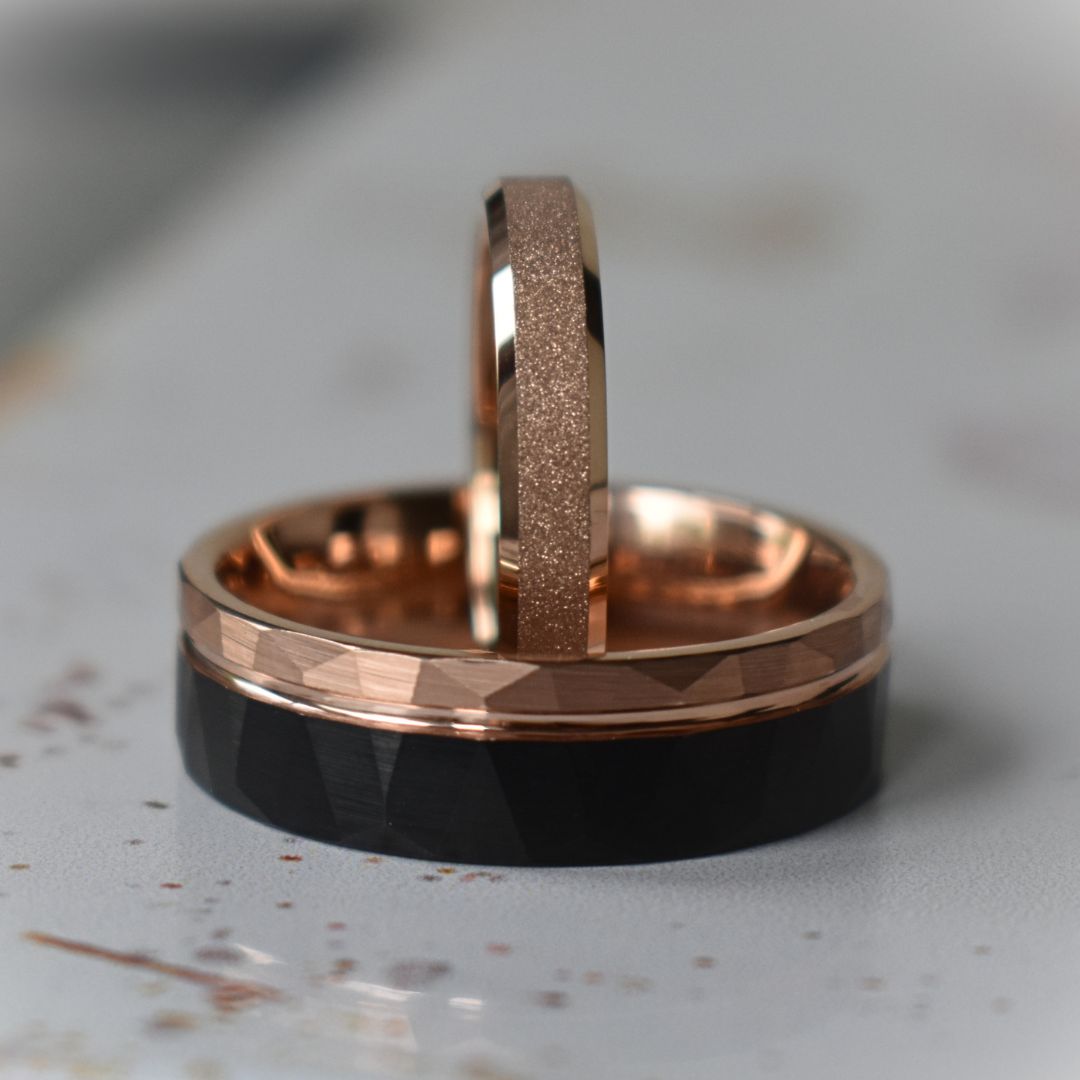 Hammered Tungsten Ring 8mm Black and Rose Gold Brushed with Polished Rose Gold Accent - Tungsten Titans