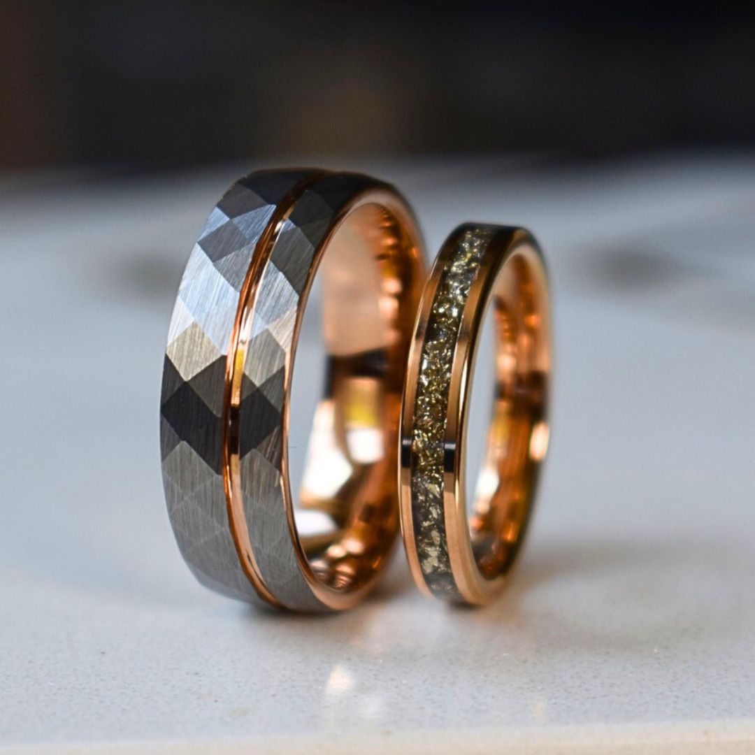 Hammered 8mm Tungsten Ring with Rose Gold Accent - Tungsten Titans