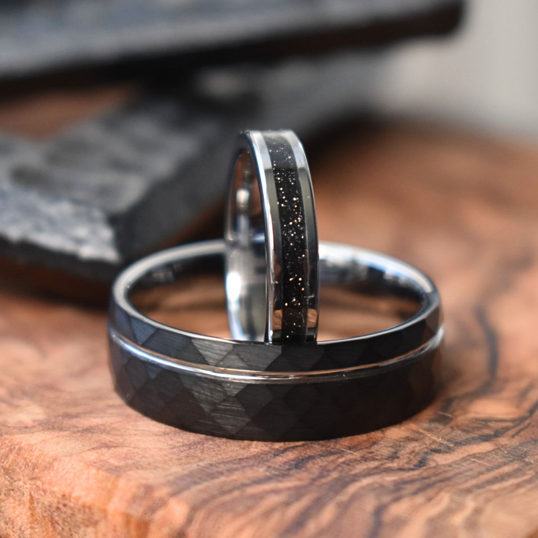 Hammered 8mm Black Tungsten Ring with Silver Accent - Tungsten Titans