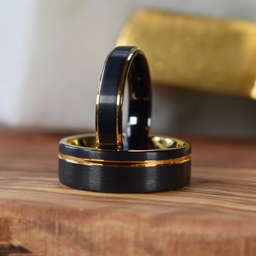 Tungsten 8mm Ring Brushed Black with Gold Accent Stripe - Tungsten Titans
