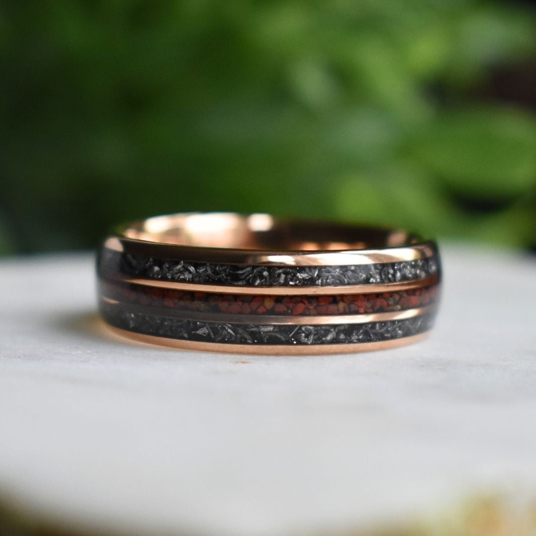 Tungsten 8mm Rose Gold Ring with Red Dinosaur Bone & Meteorite Ring
