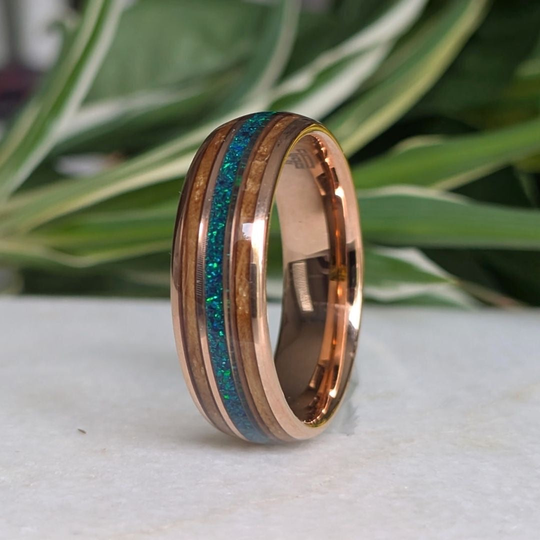 Tungsten 8mm Rose Gold Ring with Crushed Green & Blue Opal and Whiskey Barrel
