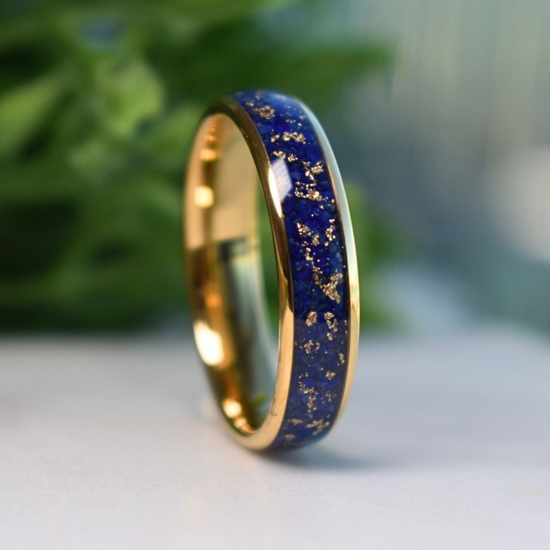 Tungsten 6mm Gold Ring with Lapis Lazuli & Gold Leaf Inlay - Tungsten Titans