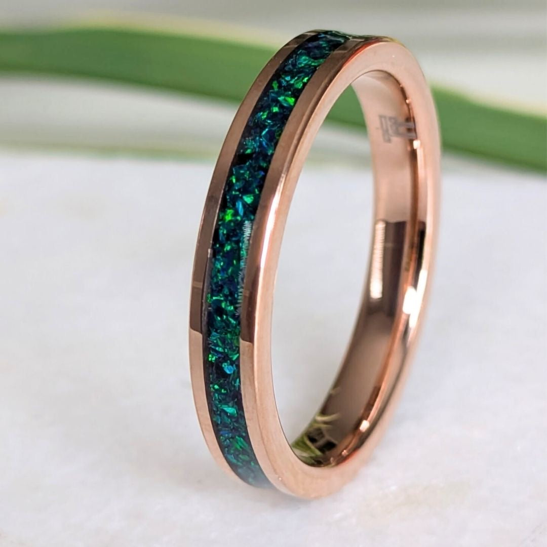 Tungsten 4mm Rose Gold Ring Crushed Green and Blue Opal Wedding Band