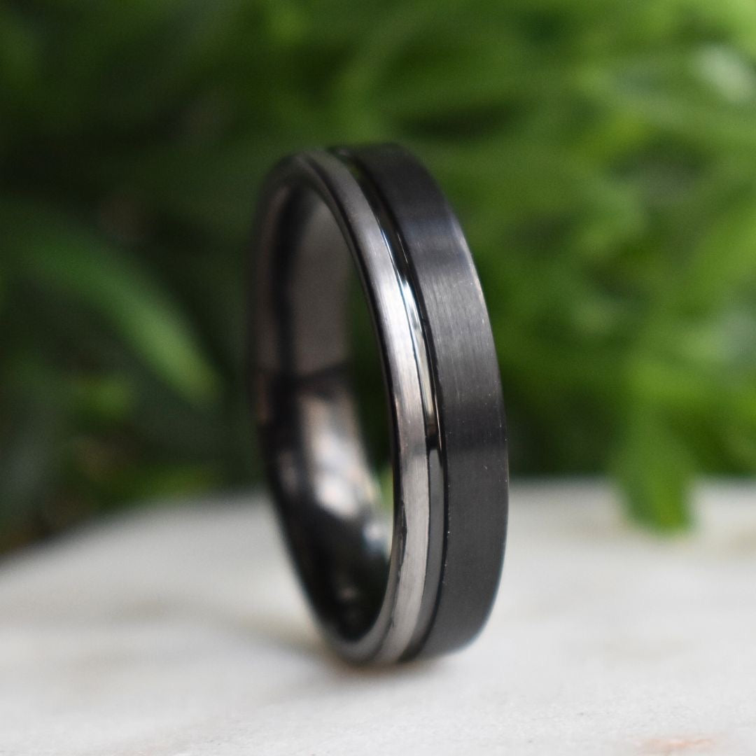 Tungsten Ring 6mm Black and Silver Brushed with Polished Black Accent - Tungsten Titans