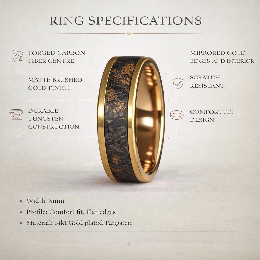 Forged Carbon Fiber & Yellow Gold 8mm Tungsten Ring - Tungsten Titans